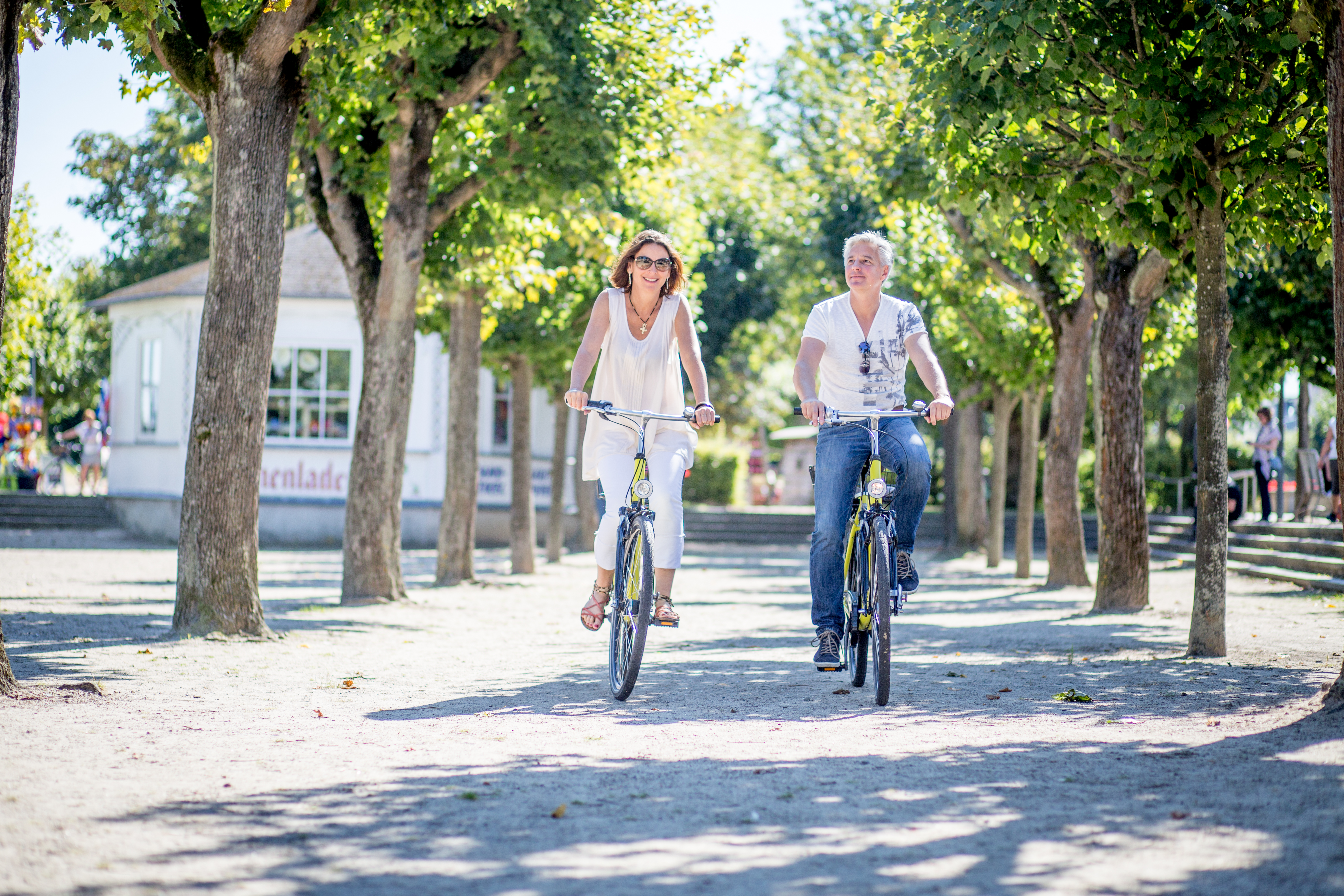 Ein Paar fährt auf Fahrrädern durch eine Allee auf die Kamera zu. Die Sonne scheint in Heringsdorgf